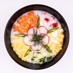 
okroshka with salmon for a restaurant menu on a white background