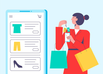 Flat vector illustration concept of woman shopping online holding bag. Website interaction, purchase process. Creative landing page design template.