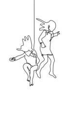 continuous line drawing of two young jumping happy team members