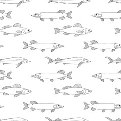 Doodle fish seamless pattern. Seafood background. Hand drawing art line. Coloring page book. Vector stock illustration. EPS 10