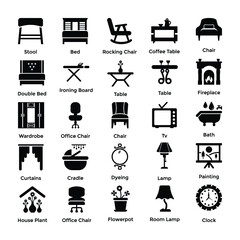 
Indoor and Outdoor Furniture Glyph Icons Set
