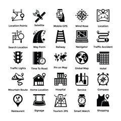 
Set of Different Locations, Maps and Navigations Glyph Icons
