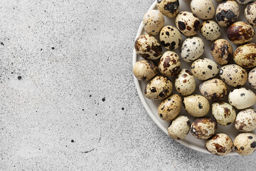 Quail eggs in a white plate on the gray kitchen table. Lots of raw quail eggs. Top view with space...