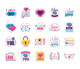 I love you texts flat style icon set vector design