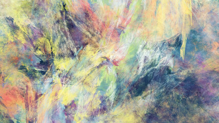 Abstract green and yellow chaotic shapes clouds. Fantastic fractal background. Digital art. 3d rendering.