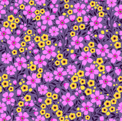 Cute floral pattern in the small flower. Ditsy print. Seamless vector texture. Elegant template for fashion prints. Printing with small rose-colored flowers. Dark violet background.