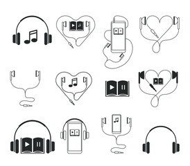 Set of vector icons on the theme of music, audio, book, listen, headphones, melody. Concept: pastime, training, entertainment, reading, audiobook, foreign language, audio, music fan, smartphone.