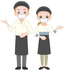 マスクをして案内するカフェ店員