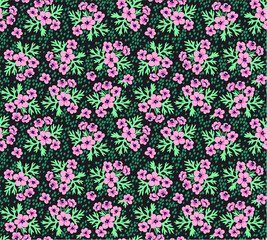 Vintage floral background. Seamless vector pattern for design and fashion prints. Flowers pattern with small pink flowers on a dark background. Ditsy style. 