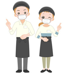 マスクをして案内するカフェ店員