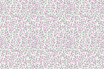 Trendy seamless vector floral pattern. Endless print made of small pink flowers, leaves and berries. Summer and spring motifs. White background.Vector illustration.