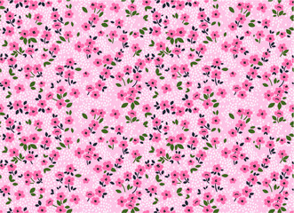 Cute Floral pattern in the small flower. Ditsy print. Motifs scattered random. Seamless vector texture. Elegant template for fashion prints. Printing with small pink flowers. Light pink background.