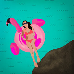 Sylwetka młodej kobiety leżącej na różowym flamingu na tle niebieskiej morskiej falującej wody - obrazy, fototapety, plakaty