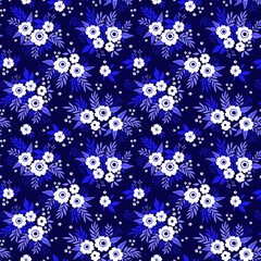 Cute floral pattern in the small flower. Ditsy print. Seamless vector texture. Elegant template for fashion prints. Printing with small white flowers. Dark blue background.