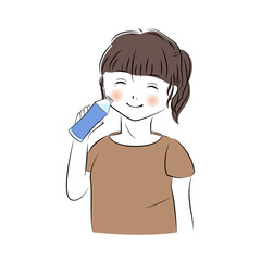 水を飲む笑顔の女性のイラスト　(上半身)