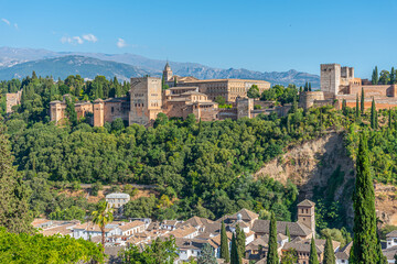 Panorama of Alhambra during sunny day, Granada, Spain