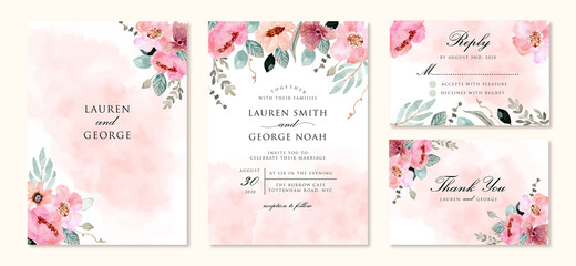 Fototapeta na wymiar wedding invitation set with abstract and pink flower watercolor background