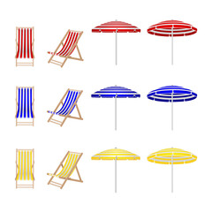 set of colorful beach chair and umbrellas