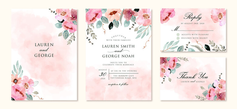Wedding Invitation Set With Abstract And Pink Flower Watercolor Background
