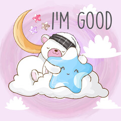 Cute white bear sleep on the cloud  cartoon illustration for kids. Little white bear wearing sleeping hat on the white cloud. Cute white bear with blue star, white cloud and yellow moon