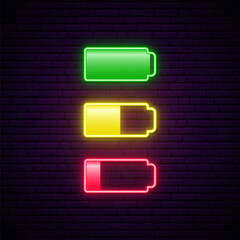 Glowing neon charger sign. Set of low and full battery neon icon. Stock vector illustration. © greens87