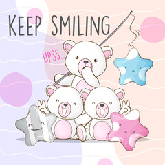 Cute white bears with cute star cartoon illustration for kids. Little white bears with blue star, gray star, and pink star. White bear with little star cartoon vector