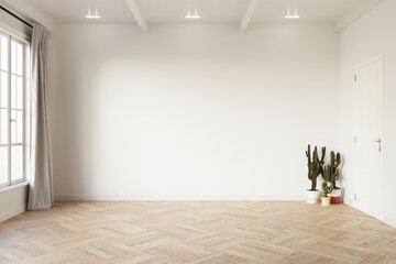 Empty room mock up with white wall, light grey curtain and green cactus on wooden floor. 3d illustration.