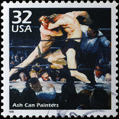 Detail from Stag at Sharkey's by George Bellows on stamp