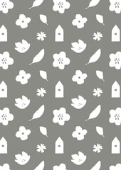 Abstract plants pattern background. French gray background with leaves, flowers and a small house