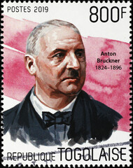 Portrait of composer Anton Bruckner on postage stamp