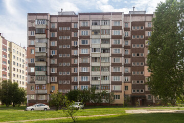 Apartment building based on a post-soviet architecture style in a Slavutych city, purposely built for the evacuated personnel of the Chernobyl Nuclear Power Plant after the 1986 disaster