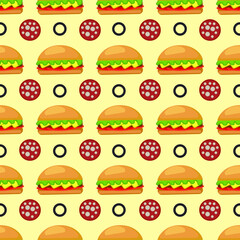 Seamless background of burgers. Fast food hamburger, cheeseburger. Vector illustration.

