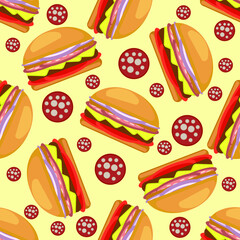 Seamless background of burgers. Fast food hamburger, cheeseburger. Vector illustration.

