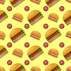 Seamless background of burgers. Fast food hamburger, cheeseburger. Vector illustration.
