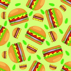 Seamless background of burgers. Fast food hamburger, cheeseburger. Vector illustration.
