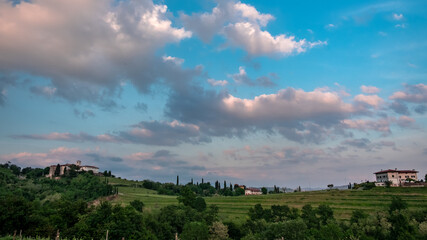 Fototapeta premium Spring stormy sunset in the vineyards of Collio Friulano, Friuli-Venezia Giulia, Italy