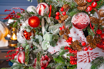 Cristmas tree and New Year in office building. Festive balls on christmas tree