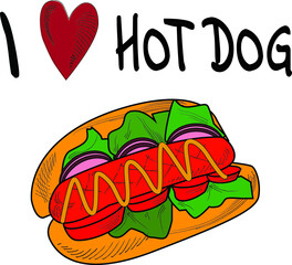 I love hot dog. Vector isolated flat illustration fast food for poster, menus, brochure, t-short web and icon fast food/ Comics style.