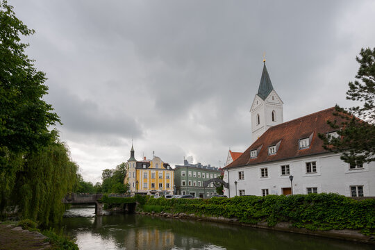 Leonhardi church on the river Amper in the bavarian town Fuerstenfeldbruck on cloudy overcast day