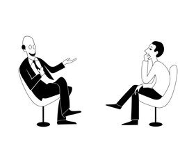 Two men are talking. Vector black outline image.