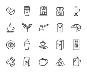 Vector set of coffee and tea line icons. Contains icons coffee beans, cup, teapot, vending machine, tea bag, packaging, coffee machine and more. Pixel perfect.