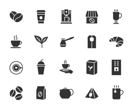Vector set of coffee and tea flat icons. Contains icons coffee beans, cup, teapot, vending machine, tea bag, packaging, coffee machine and more. Pixel perfect.