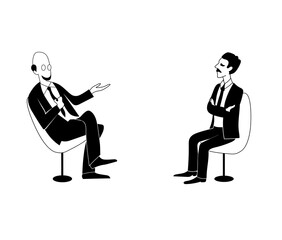 Two men are talking. Vector black outline image.