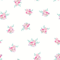 Colorful cute Scandinavian pink flower bouquet seamless pattern on white background. 