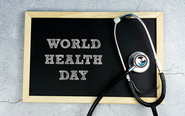 WORLD HEALTH DAY wrote on the chalkboard with a stethoscope, medical conceptual