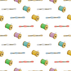 Hand drawn sewing threads, seamless pattern. Colorful spools on a white background. 