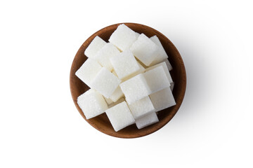 Bowl wood of white sugar cube isolated with clipping path on white background