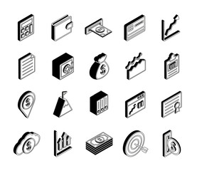 Money and financial isometric line style icon set vector design