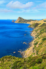Coastal landscape in the remote far north of the Coromandel Peninsula, New Zealand. View is toward Fletcher Bay and 