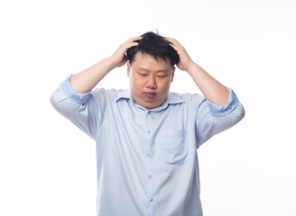 Young Fat Asian business man feeling sad with unhappy face isolated on white background.